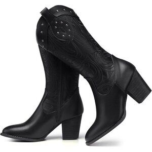 Shibever Cowboy Boots Women Black Faux Leather Wide Calf Western  Pointed Boots